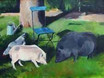 Schweine und blauer Stuhl