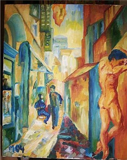 m�nnlicher Akt in einer s�dlichen Gasse