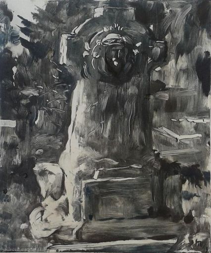 Grabstein mit Christus Kopf im Martinus Friedhof