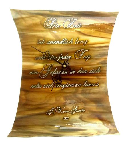 Wanduhr aus Glas und Silber mit Gedicht von Goethe